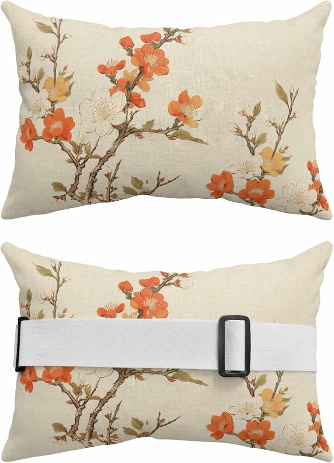 Chaise Lounge Head Resting Pillows,Retro Flower Plum Blossom Bud Branch Leaves Linen Outdoor Chaise Pillows,Waterproof Patio Furniture Pillows with Insert and Adjustable Elastic Strap for Beach Chair
