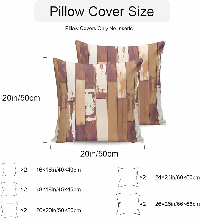 Brown Beige Outdoor Pillow Covers 24x24 Inch Throw Pillow Covers Set of 2 Waterproof Decorative Pillow Cases Vintage Farmhouse Shabby Wooden Grain Cushion Covers for Patio Furniture Garden Couch Sofa