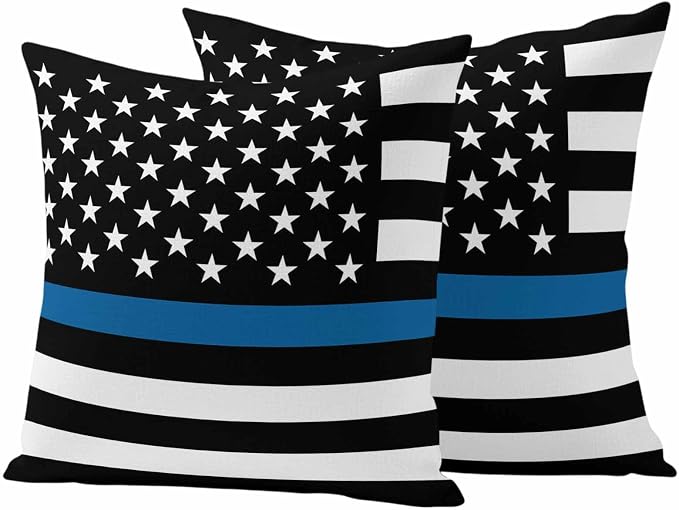 Blue Outdoor Waterproof Throw Pillow Covers Set of 2, 16"x16", Line Flag American Police Flag Honoring Law Enforcement Officers Decorative Pillow Covers Outside Cushion Case for Patio Porch Garden