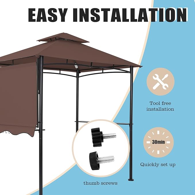 FAB BASED 5x8 Grill Gazebo with Extra Awning, All-Weather Steel Construction, Double Tiered & Resistant Canopy Roof, Metal Serving Shelves, 2 LED, Bottle Opener for Patio, Backyard, BBQ (Brown)