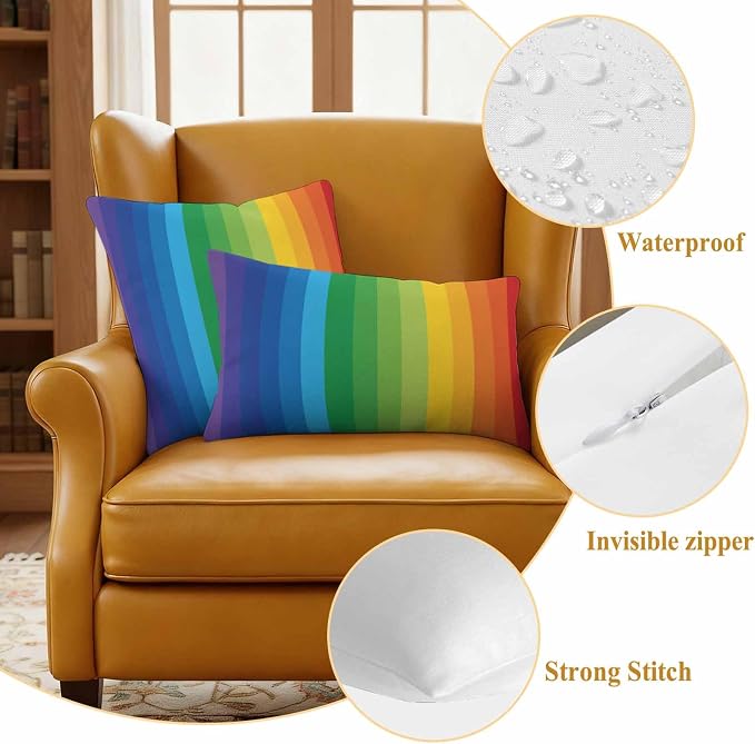 Outdoor Waterproof Throw Pillow Covers Set of 2 Rainbow Stripes Lumbar Pillowcases 20x12 Inches Colorful Lines Striped Decorative Pillows Cushion Case Patio Pillows for Couch Bed Chair Garden