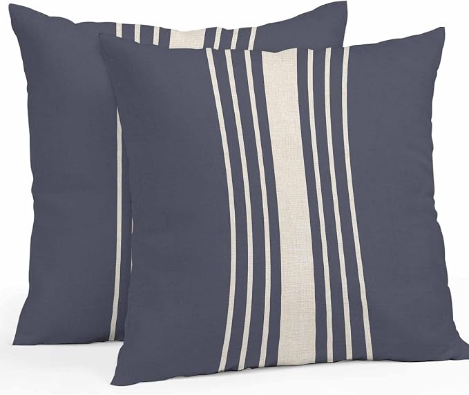 Vandarllin Outdoor Throw Pillows Covers 26x26 inch Set of 2 Waterproof Blue Vertical Stripes Decorative Zippered Cushion Covers for Patio Furniture, Classic Striped Linen Lumbar Pillowcases