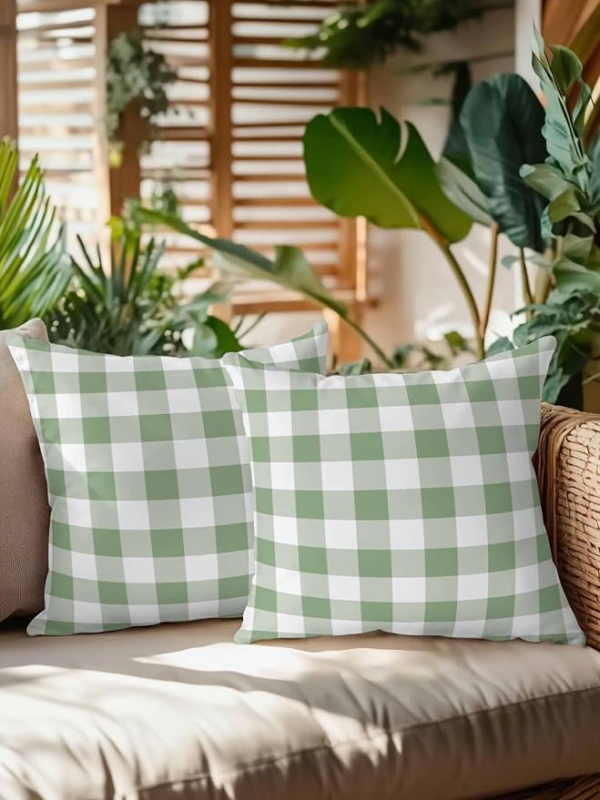 Waterproof Outdoor Pillow Set of 2 Green Buffalo Plaid Decorative Throw Pillows Cover & Insert 16x16 Inch Pillowcase Check Lines Square Pillows for Couch Sofa Bed Patio Furniture Indoor Outdoor