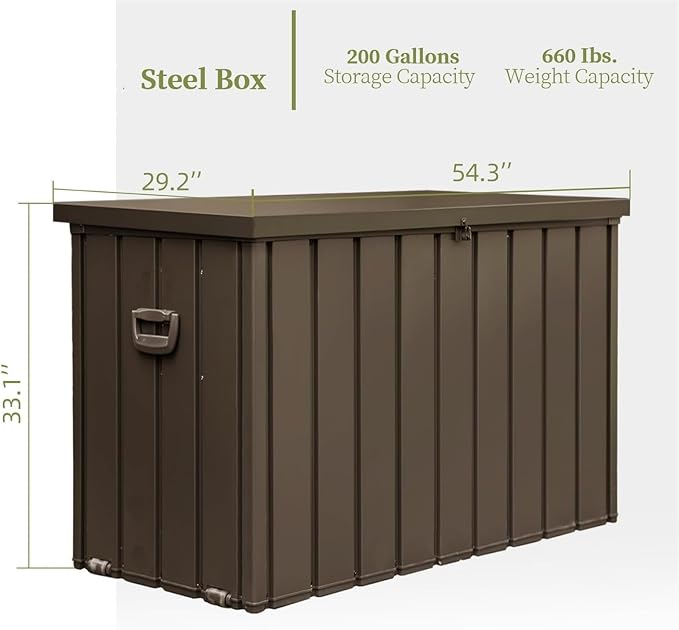 ChicFurnit Outdoor Storage Box, 200 Gallon Deck Box with Lockable Metal Lid & Portable Side Handles, Outdoor Storage Bin with Stable Support Rod, Soft Close Mechanism & Mobility Rollers, Dark Brown