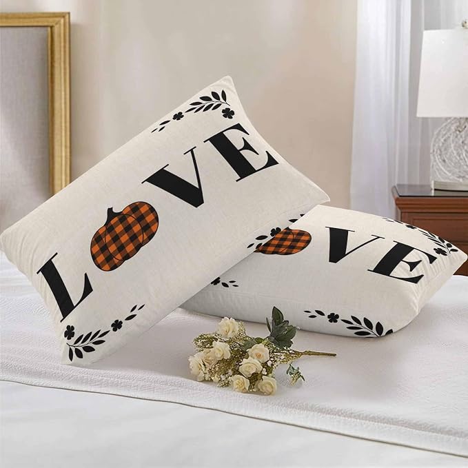 Orange Pumpkin Outdoor Waterproof Pillow Covers, Fall Leaves Love Heart Beige Pastoral Decorative Rectangle Throw Pillowcase Sofa Cushion Sham for Patio/Couch/Chair, 20"x12" 2 Pack