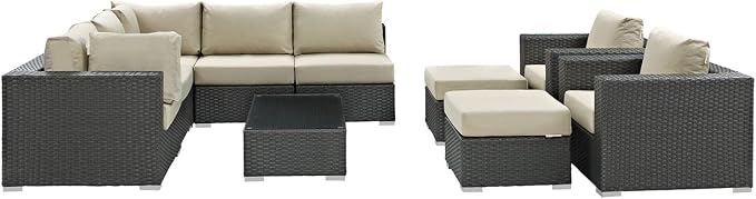 Modway Sojourn Wicker Rattan 10 Piece Outdoor Patio Sunbrella Sectional Set in Canvas Antique Beige