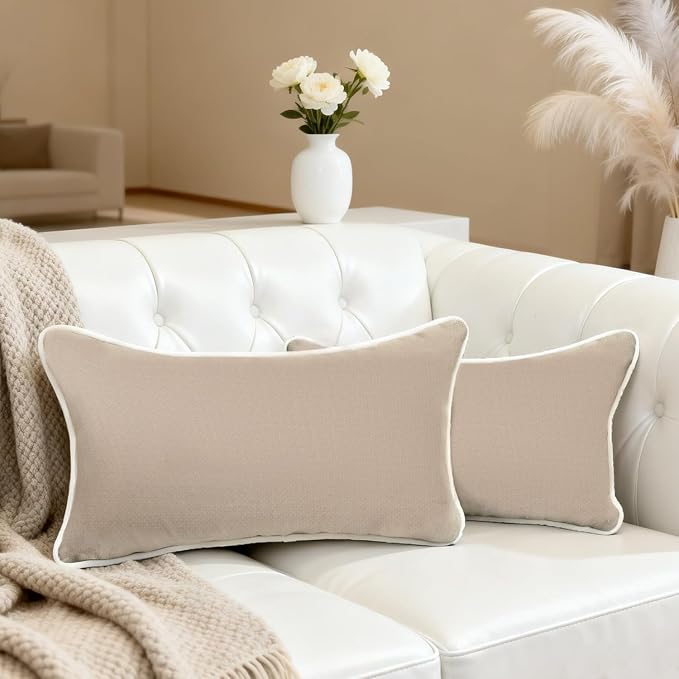 HER HWA Outdoor Lumbar Pillow Covers White Piping 20"x12" Set of 2, Khaki | durable fade-resistant water-resistant 100% polyester white piping smooth zipper machine washable for indoor outdoor décor