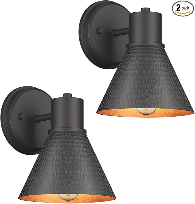 2 Pack Outdoor Wall Sconces - Wall Lights Fixture Exterior Farmhouse Porch Light with Hammered Metal Shade, Anti-Rust Waterproof Black Outside Barn Light for Front Porch Patio Garage Gazebo House