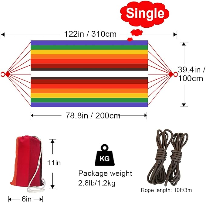 GOCAN Brazilian Single Hammock 1 Person Canvas 200X100cm Total Length 310cm Load 250kg Cotton Hammock for Garden Backyard Outdoor and Indoor