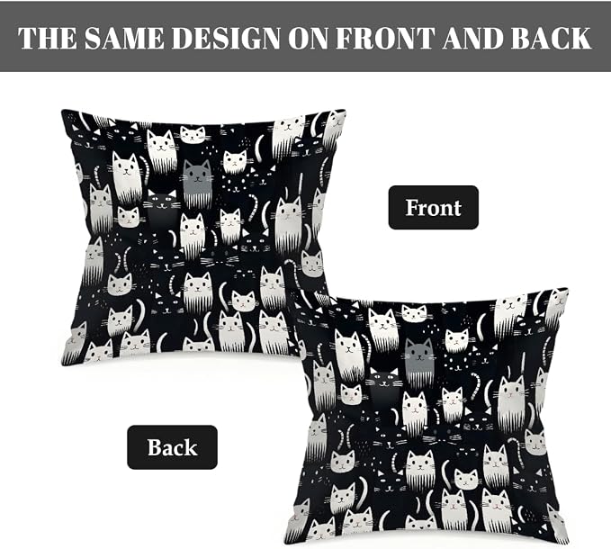 16x16 Inch Outdoor Pillow Covers Set of 2 Waterproof Throw Pillow Covers Decorative Couch Cushion Covers Cats Black White Square Pillowcases Protectors for Patio Garden Sofa