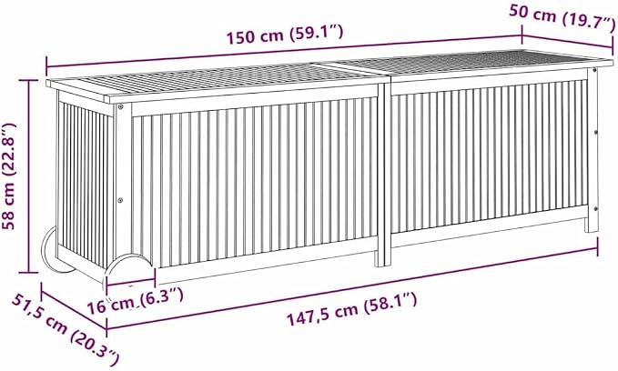Outdoor Garden Storage Box with Wheels, Large Acacia Wood Deck Bin for Patio Cushions, Toys and Garden Tools, 59.1 x 19.7 x 22.8 inch