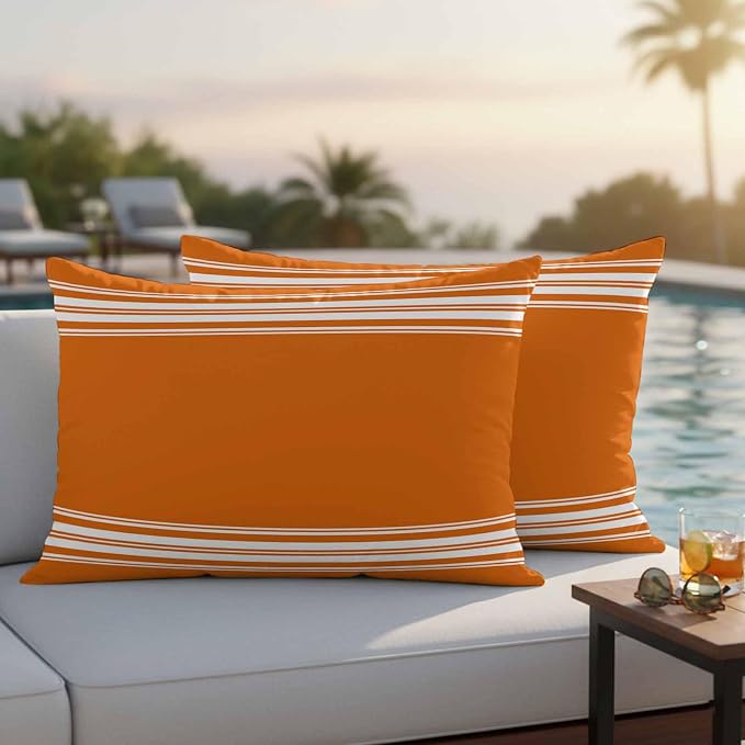 Outdoor Pillow Covers 12x20 Set of 2 Fall Orange Stripes Outdoor Pillows Waterproof Throw Pillow Covers French Stripe Farmhouse Style Pillowcases Decorative Case for Patio Cushion