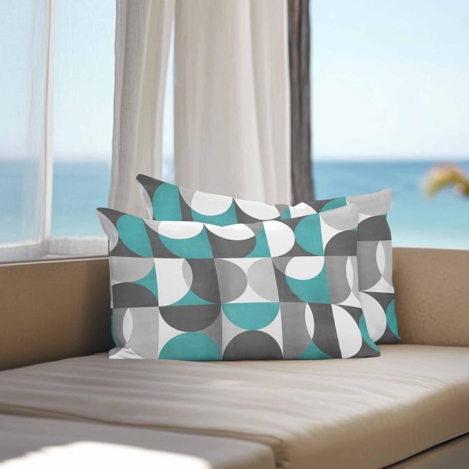 Vandarllin Outdoor Throw Pillows Covers 20x12 inch Set of 2 Waterproof Mid Century Geometric Decorative Zippered Cushion Covers for Patio Furniture, Abstract Modern Teal Lumbar Pillowcases