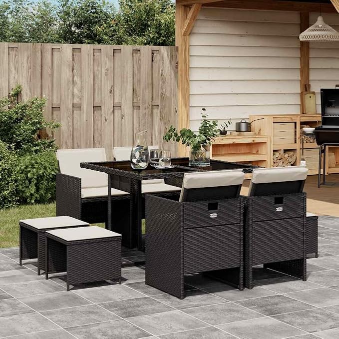 9 Piece Patio Dining Set with Cushions Black Poly Rattan Outdoor Table and Chairs Foldable Space-Saving Tempered Glass Furniture for Garden Backyard Deck Entertaining