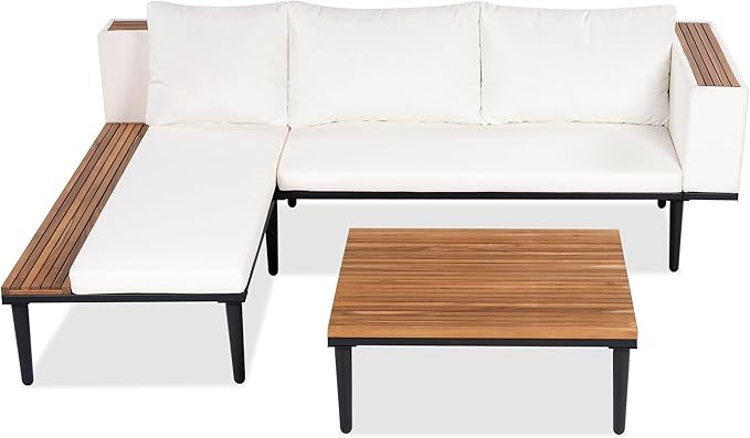 VilroCaz Luxury Outdoor Patio Furniture Set, L-Shaped Acacia Wood Sectional Sofa with Side Table, All-Weather Conversation Set with Removable Cushions and Coffee Table for Backyard Porch (Beige-4.20)