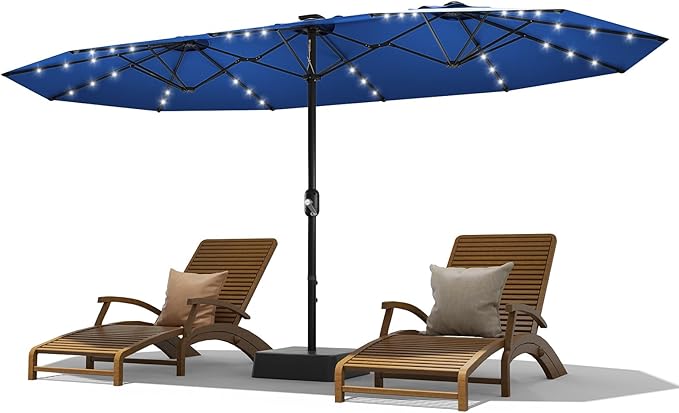 15FT Double-Sided Rectangular Outdoor Patio Umbrella with Included Base & Solar LED Lights–UV-Resistant & Waterproof Canopy,Heavy-Duty Steel Frame,Large Sun Shade for Garden,Deck,Poolside & Backyard