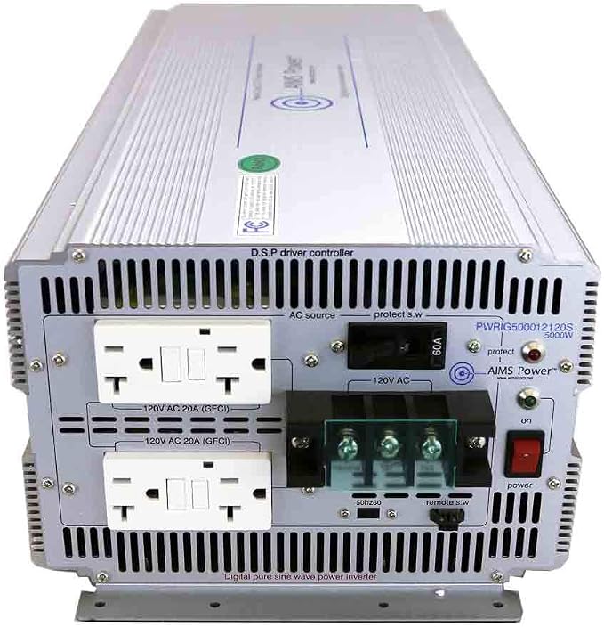 AIMS Power 5000 Watt 12V DC to 120V AC Industrial Pure Sine Power Inverter Industrial