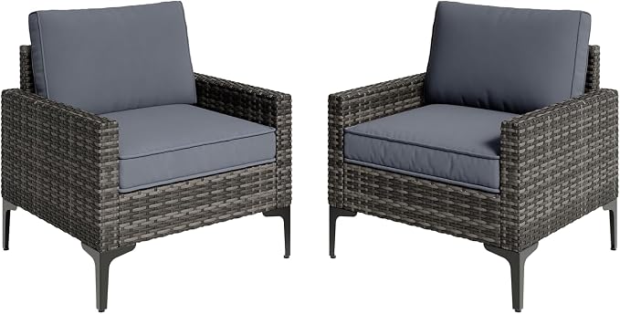 2-Piece Outdoor Single Chairs, All-Weather Wicker Patio Sofa Set with Cushions for Garden, Poolside, Porch, Grey