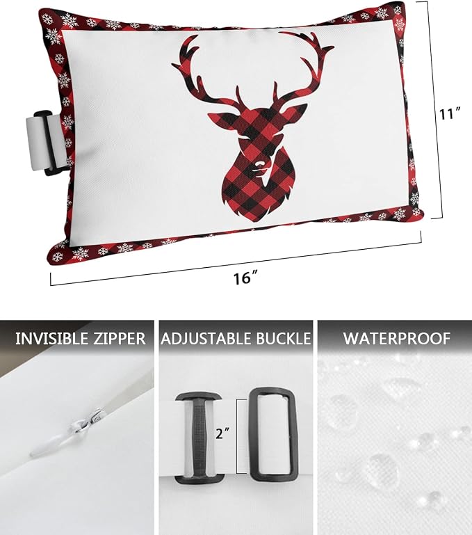 Outdoor Pillows Covers with Inserts Christmas Red and Black Buffalo Plaid Elk Waterproof Recliner Pillow with Adjustable Strap Throw Pillows for Patio Furniture Pool Lounge Chair, 11x16 inch, 1PCS