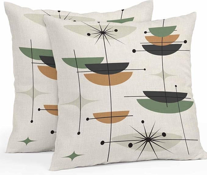 Vandarllin Outdoor Throw Pillows Covers 18x18 inch Set of 2 Waterproof Boho Mid Century Decorative Zippered Cushion Covers for Patio Furniture, Green Orange Geometric Abstract Lumbar Pillowcases