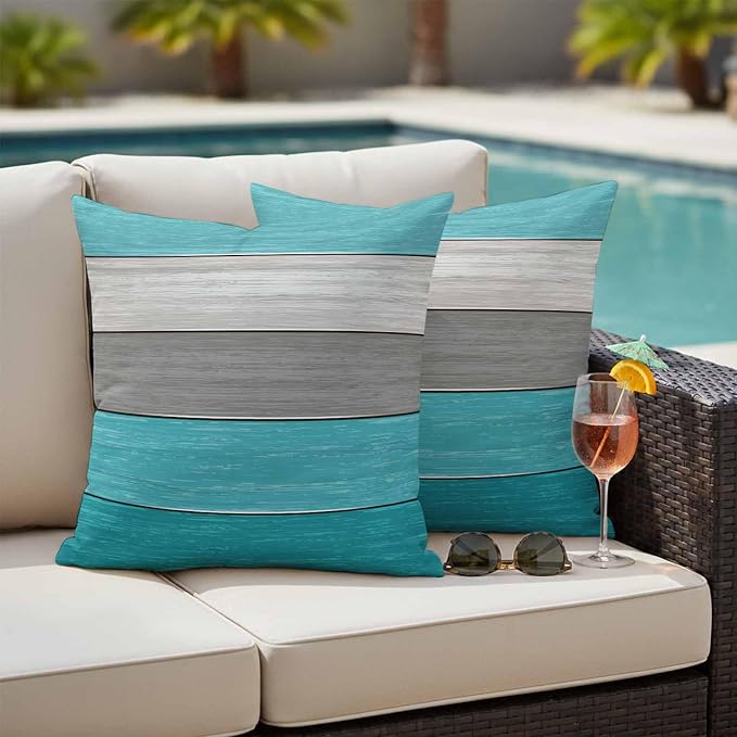 Outdoor Throw Pillow Covers 16X16 Set of 2 Waterproof Ombre Aqua Blue Gray Decorative Zippered Cushion Covers for Patio Furniture, Farmhouse Retro Rustic Barn Wood Texture Lumbar Pillowcases