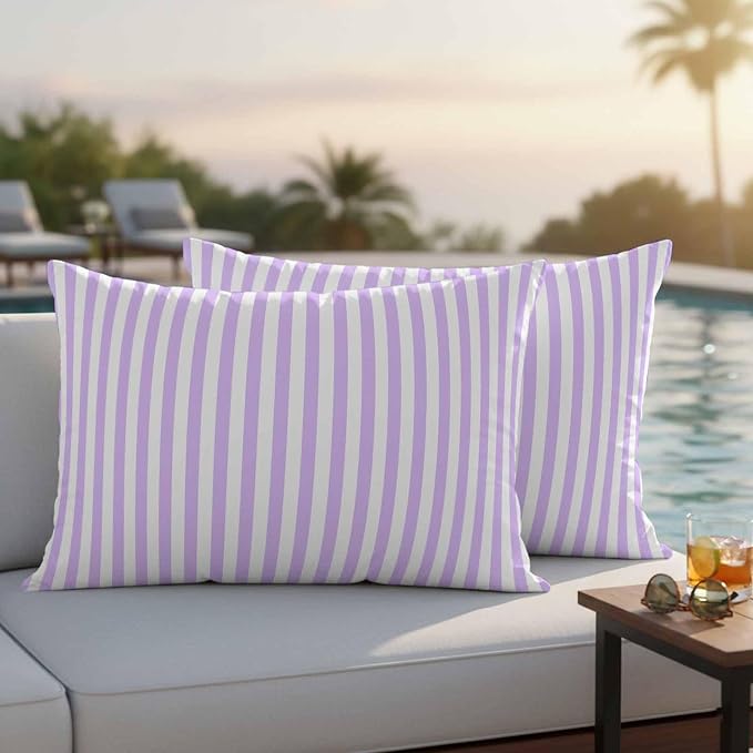 Lumbar Pillow Covers 20x12 Inch Set of 2, Purple White Stripe Waterproof Outdoor Cushion Covers, Modern Minimalist Geometric Striped Decorative Pillowcases for Couch, Sofa, Bed, Garden, Patio