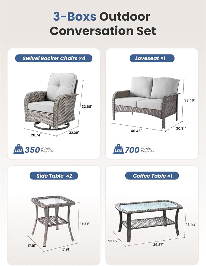 8-Piece Outdoor Patio Furniture Set with Swivel Chairs, Outdoor Conversation Wicker Sofa with Coffee Table, Rattan Couch for Deck Yard Poolside, Grey