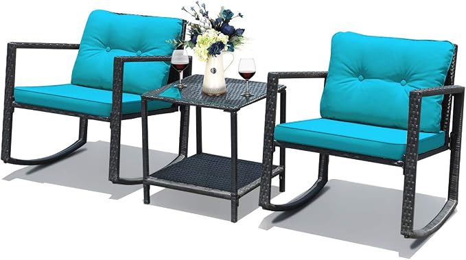 Tangkula 3 Pieces Patio Wicker Rocking Bistro Set, Outdoor Rocking Chair Furniture Set w/Cushioned Seat, Conversation Set w/Glass Coffee Table and Storage Shelf (Turquoise)