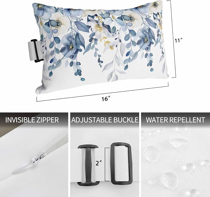 Outdoor Chair Pillow Headrest for Patio Pool Chaise Lounge, Blue Wild Flowers Recliner Head Pillow, Spring Watercolor Eucalyptus Leaves Floral Waterproof Pillowcases Lumbar Pillows & Insert 12x20x1
