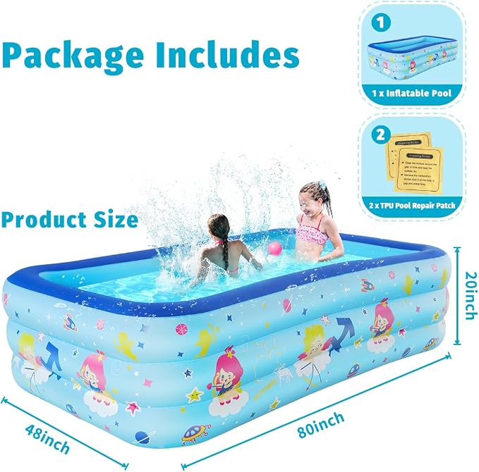 Seasons Inflatable Pool for Kids 80"x48"x20" PVC Thickened Swimming Pool for Summer Garden & Outdoor Backyard Water Parties