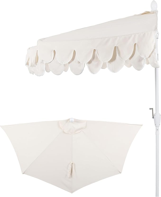 JONATHAN Y Terrace Scalloped 9 ft. Half Round Patio Umbrella with Crank Lift and Tilt, Coastal Semicircle Market Wall Umbrella for Balcony, Cream/White, White Pole UMB1202C