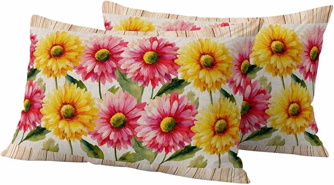 Yellow Pink Daisy Outdoor Pillow Covers 20"x12" Set of 2, Rustic Farmhouse Boho Brown Wood Grain Waterproof Throw Pillow Covers for Patio Furniture, Decorative Cushion Covers for Porch