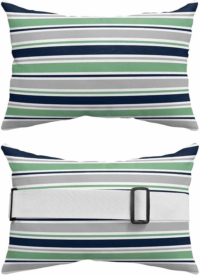 Pack of 2 Outdoor Lumbar Pillow Covers 12x20 Inch, Green Grey Striped Waterproof Throw Pillow Covers Set, Farmhouse Stripes Modern Abstract Art Outside Decorative Cushion Cases for Patio Porch Car
