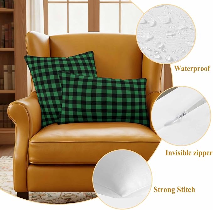 Forest Green Checks Outdoor Pillow Covers 20"x20" Set of 2, Black Gingham Plaid Abstract Modern Waterproof Throw Pillow Covers for Patio Furniture, Decorative Cushion Covers for Porch
