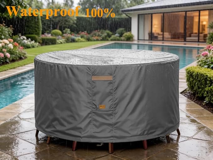 600D Heavy Duty Waterproof Patio Furniture Covers UV Resistant Round Outdoor Table Chair Covers Large Round 84"Diax28"H Dark Grey