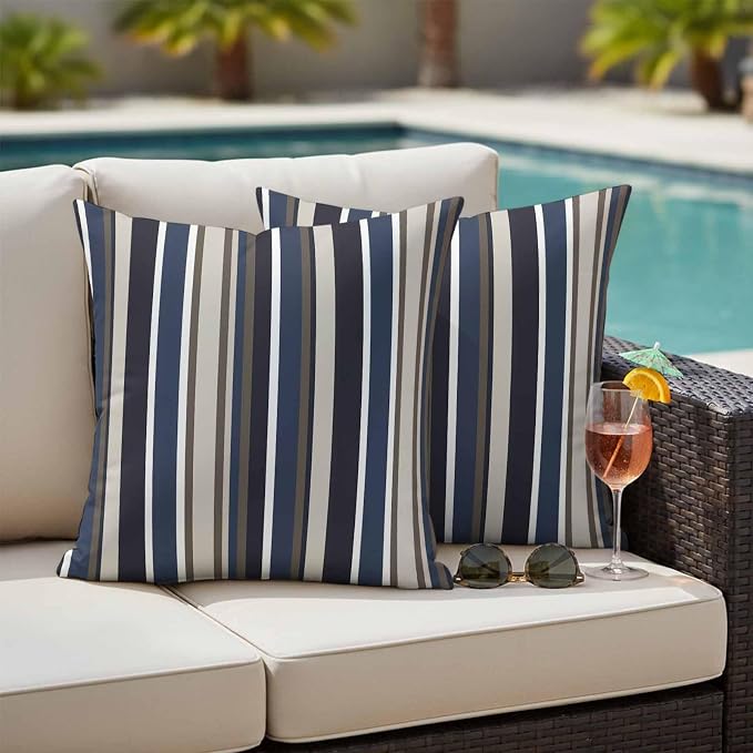 Outdoor Waterproof Throw Pillow Covers Set of 2 Blue Striped Pillowcases 18x18 Inches Geometric Beige Stripes Decorative Pillows Cushion Case Patio Pillows for Couch Bed Chair Garden