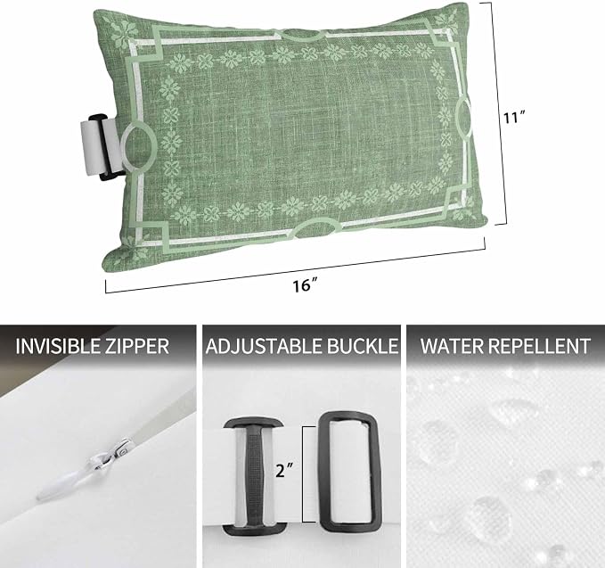 Sage Green Retro Linen Outdoor Head Pillows for Recliner Lounge Chair,Pack of 2 Waterproof Throw Pillow Cushion Cases with Insert&Elastic Strap,Natural Forest Style