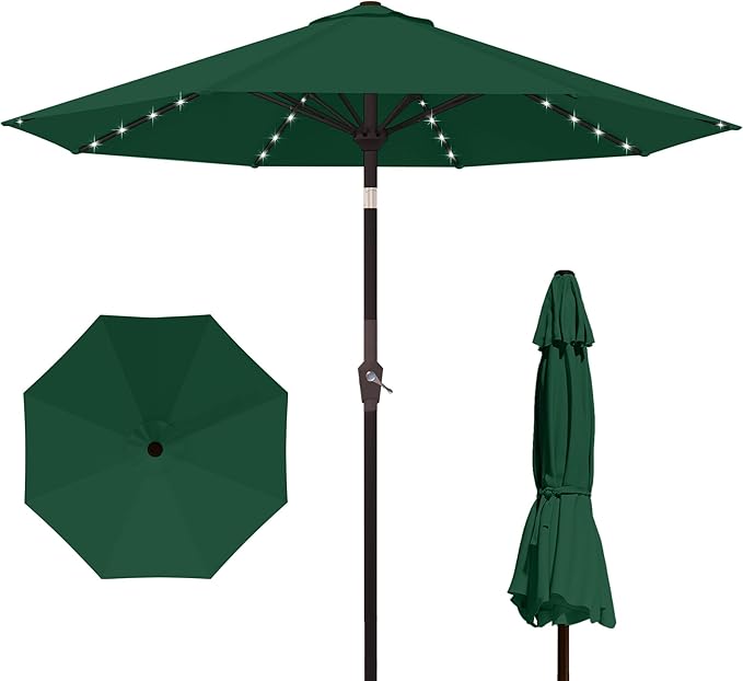 Kingdura 10FT Outdoor Patio Umbrella with Solar Lights, Market Table Umbrella with Push Button Tilt & Crank, 8 Sturdy Ribs, 32 LED Lights, UV Protection for Garden Lawn Deck Backyard Pool (Dark green)