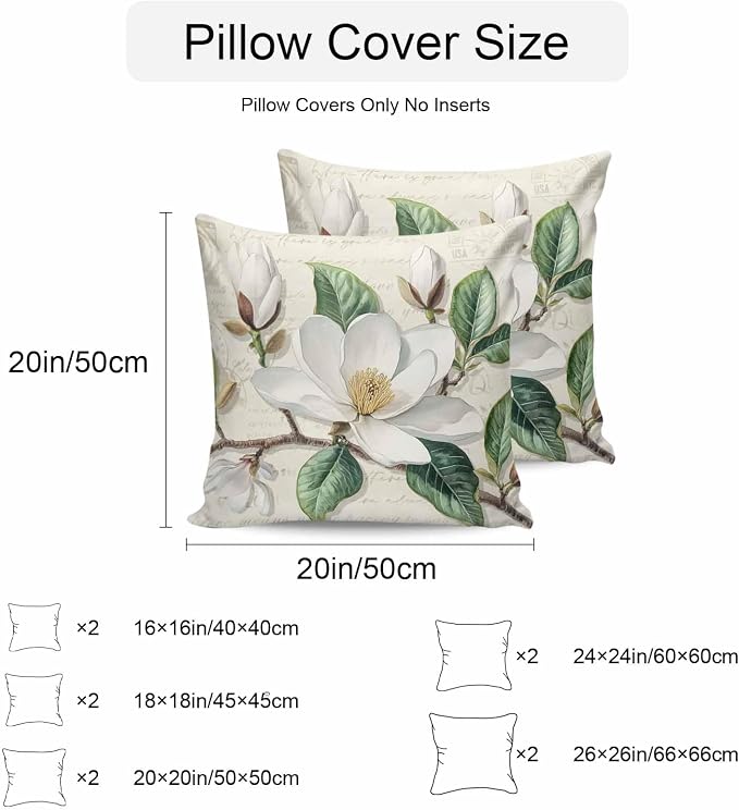 Retro Flowers Waterproof Outdoor Pillow Covers Set of 2 Home Decor, Farmhouse Leaf Branch Green Plants Pillowcase Patio Pillow Covers for Couch Bench Furniture Garden 20x20in