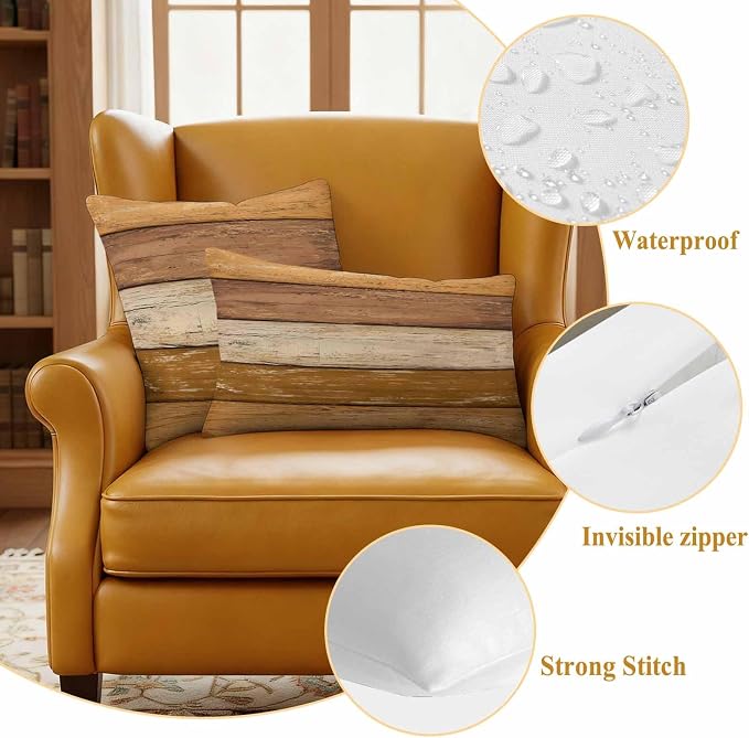 Farmhouse Yellow Brown Outdoor Waterproof Pillow Covers, Vintage Wooden Striped Decorative Square Throw Pillowcase Sofa Cushion Sham for Patio/Couch/Chair, 24"x24" 2 Pack