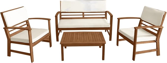 PayLessHere 4-Piece Acacia Wood Patio Furniture Set Modern Conversation Set Outdoor Bistro Table and Chairs for Backyard, Balcony, Deck, or Indoor Use (Nature)