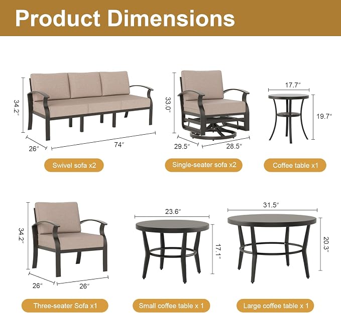 Aluminum Patio Furniture Set,7 Seats Outdoor Sectional with 2 Round Coffee Tables,Patio Conversation Sets w/5.1" Upgraded Thick Cushions for Backyard, Garden and Poolside,Sand