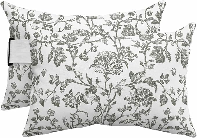 Pack of 2 Outdoor Lumbar Pillow Covers 12x20 Inch, Farmhouse Flowers Waterproof Throw Pillow Covers Set, Pastoral Vintage Leaf Spring Summer Indoor&Outdoor Cushion Cases for Patio Porch Beach