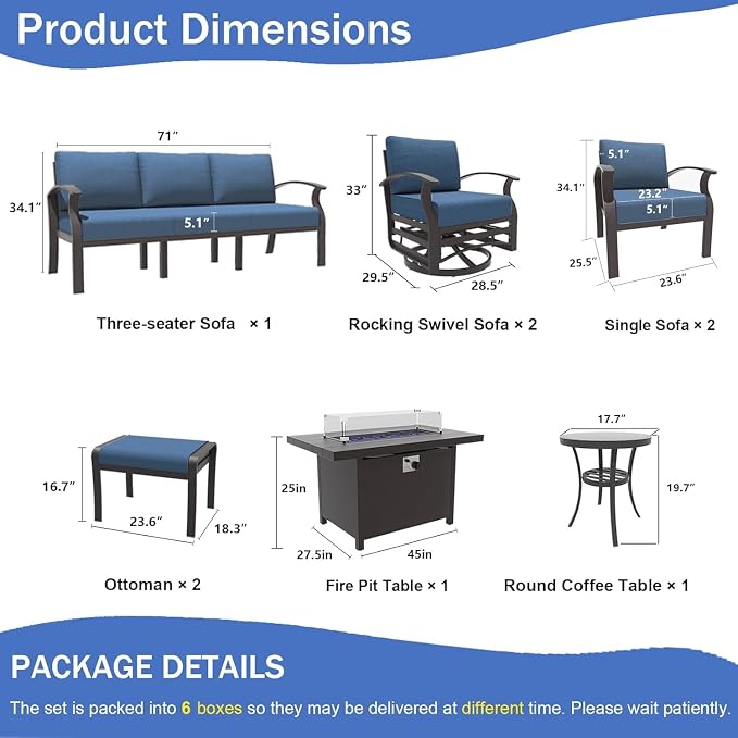 Kullavik Aluminum Patio Furniture Set,9 Piece Modern Metal Outdoor Patio Furniture w/5.1'' Thick Cushion,Swivel Chairs,Ottomans and Propane Fire Pit Table,Patio Conversation Sets for Porch,NavyBlue