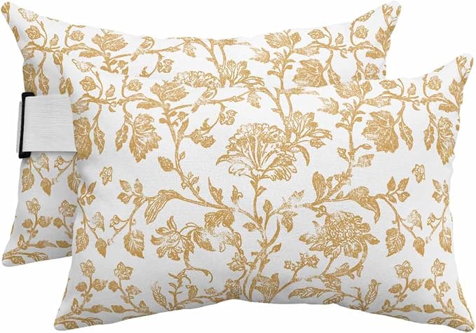 Pack of 4 Outdoor Lumbar Pillow Covers 12x20 Inch, Orange Flower Waterproof Throw Pillow Covers Set, Vintage Farmhouse Boho Leaf Spring Plant Indoor&Outdoor Cushion Cases for Patio Porch Beach