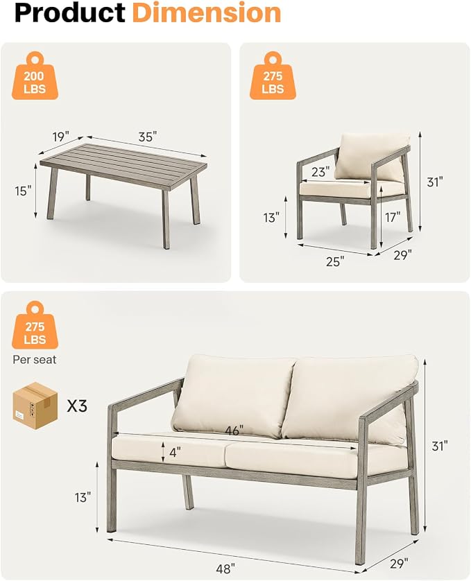 4-Piece Outdoor Sofa Set, Never-Rust Aluminum Patio Conversation Set with Thick Cushions, Outdoor Loveseat, 2 Patio Armchairs and Coffee Table for Outside, Poolside, Deck, Gray Oak