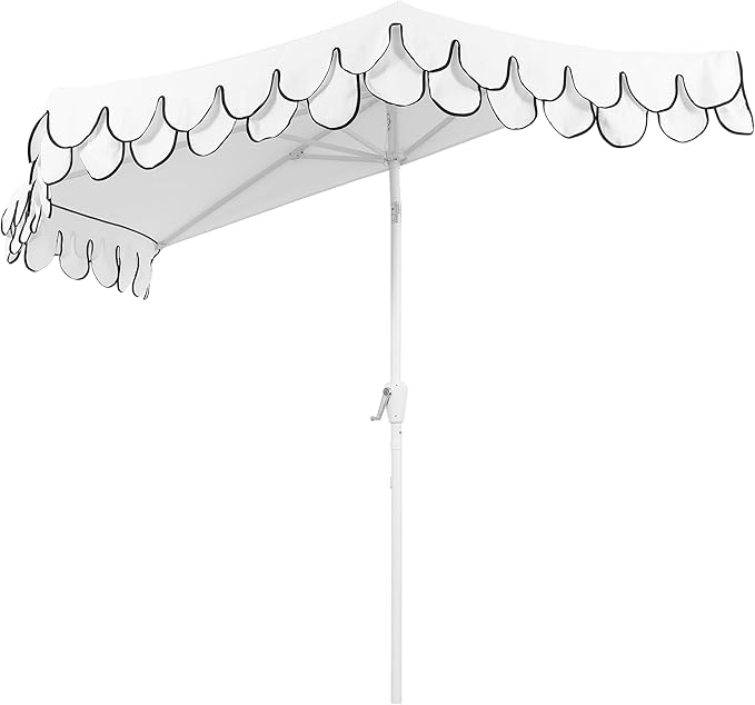 JONATHAN Y Terrace Scalloped 9 ft. Half Round Patio Umbrella with Crank Lift and Tilt, Coastal Semicircle Market Wall Umbrella for Balcony, White/Black, White Pole UMB1202D