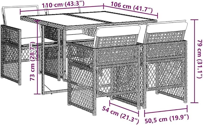5-Piece Garden Dining Set, Outdoor Wicker Patio Furniture with Black Poly Rattan Table and 4 Folding Chairs, Cream White Cushions and Tempered Glass Top, for Backyard and Balcony