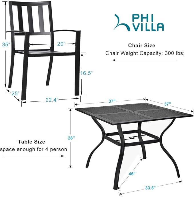 PHI VILLA Patio Dining Set,4 Stackable Chairs& 37" Square Metal Table | Outside Furniture Set for Patio, Deck, Backyard, Porch