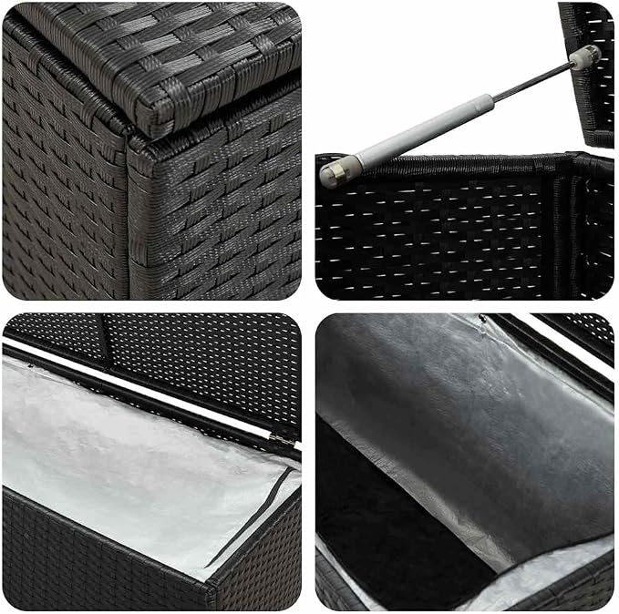 Large 78.7 in Outdoor Deck Box Black Poly Rattan with Gas Lift Lid, Patio Storage Chest, Powder-Coated Steel Frame, for Garden Terrace Balcony